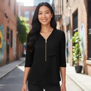 Vince Camuto Satin Front 1/2 Zipper Elbow Length Sleeves V-Neck Black Tunic